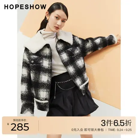 红袖outlets黑白格纹大翻领外套hopeshow2022冬季单排扣短款夹克商品大图