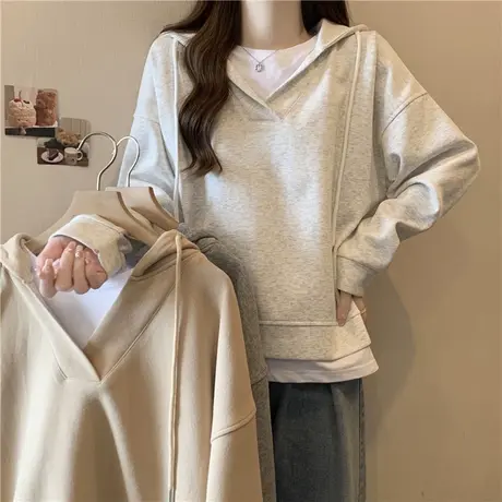 设计感小众假两件连帽卫衣女秋季百搭宽松显瘦薄款外套上衣ins潮图片