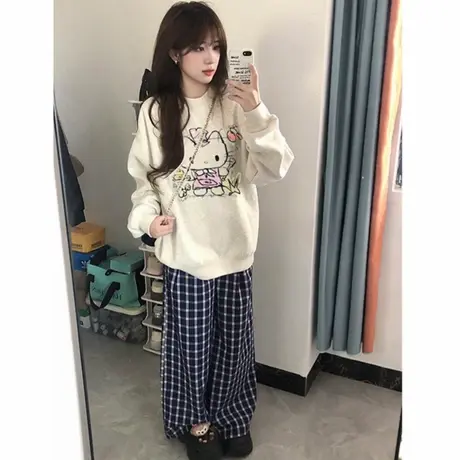 日系甜酷手绘kt猫秋冬卫衣女加绒2025新款韩系慵懒学院风穿搭上衣商品大图
