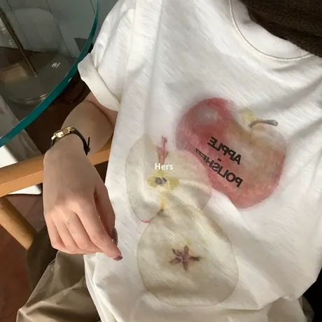 韩系圆领简约小众ins风苹果图案印花短袖T恤女秋季2025百搭上衣潮商品大图