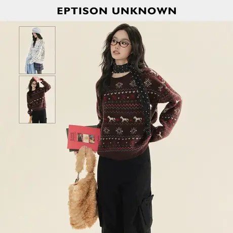 EPTISON费尔岛毛衣女2025冬季穿搭新款宽松复古慵懒针织提花上衣商品大图