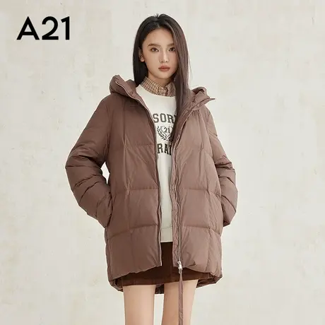 A21女装梭织宽松连帽落肩开襟厚中长羽绒服时尚保暖羽绒外套商品大图
