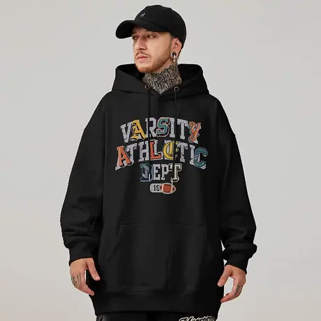 美式字母重磅大码嘻哈加肥加大潮牌胖子加绒卫衣男连帽潮秋冬款图片