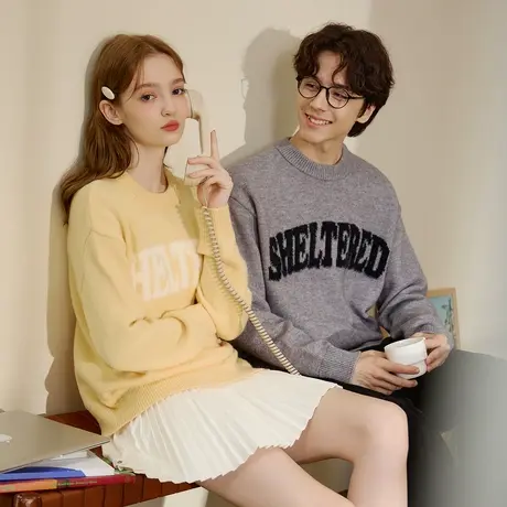 唐狮春秋季情侣毛衣新款圆领韩系休闲简约文字设计感男女毛线衫TE图片