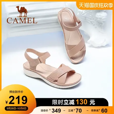 骆驼女鞋夏季新款魔术贴厚底凉鞋女真皮休闲时装平底凉鞋女图片