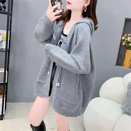 设计感连帽毛衣开衫女春秋2023新款宽松洋气网红炸街百搭上衣外套图片