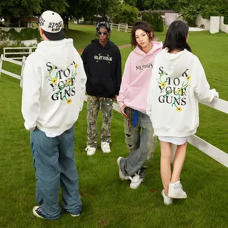 Nuthink美式刺绣小雏菊情侣连帽卫衣潮牌男潮宽松情侣装冬季帽衫商品大图