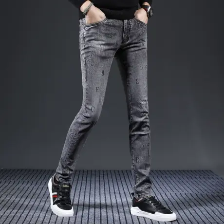 欧美高端印花牛仔裤男秋季烟灰色2023新款修身小脚裤潮流男装裤子商品大图