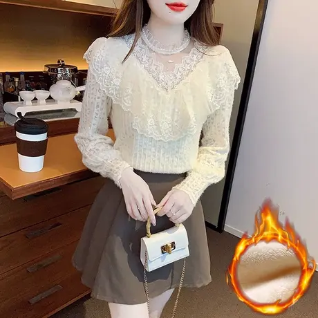 加绒打底衫女2023秋冬新款高级感蕾丝长袖洋气内搭设计感小众衣服商品大图