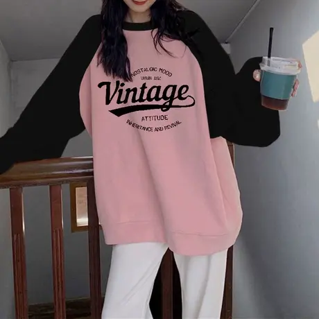 休闲卫衣女韩版chic大码秋冬加绒上衣潮牌ins套头插肩袖撞色外套商品大图