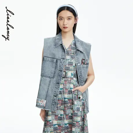 LANCY休闲牛仔马甲女士夏季马夹百搭翻领印花女商场同款图片