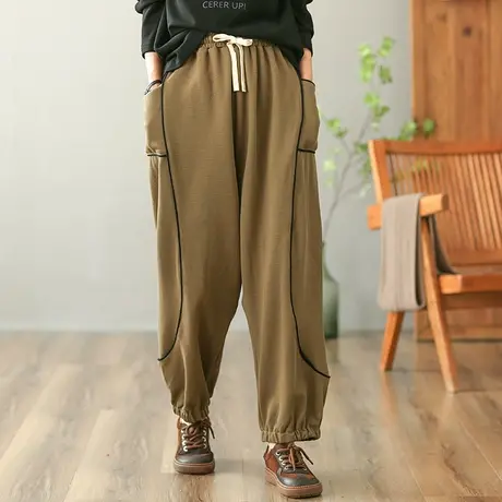 dza 高腰显瘦宽松阔腿薄绒裤子女秋冬外穿长裤休闲运动裤直筒卫裤商品大图