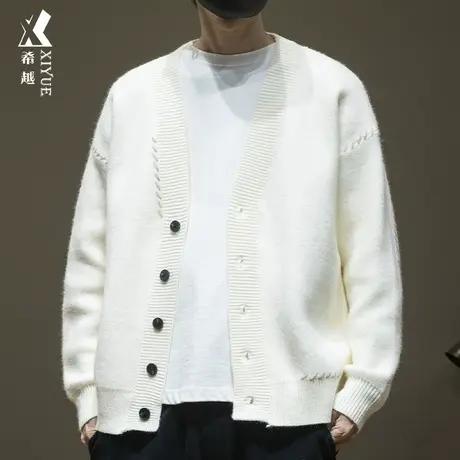 希越重磅780g针织V领开衫毛衣男士秋冬季日系线衣慵懒感衬衣外套商品大图