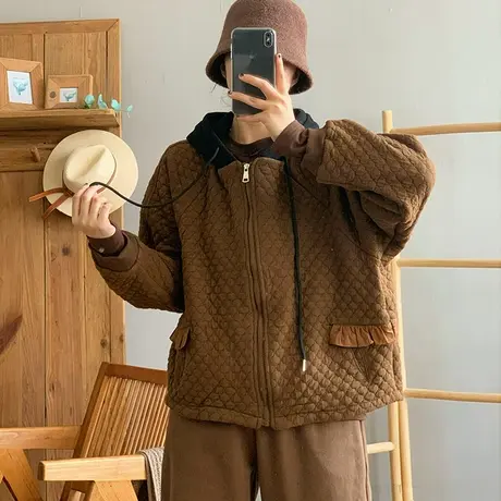 dza 复古短款拼接连帽加厚加绒外套女士2023秋冬新款宽松休闲上衣图片