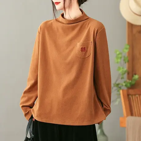 dza复古短款休闲纯棉半高圆领T恤女秋冬内搭长袖打底衫百搭上衣女商品大图