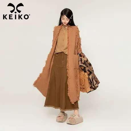 KEIKO 日系针织开衫女厚款2023秋冬慵懒风毛边中长款宽松毛衣外套图片
