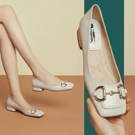 夏季新款方头欧美大牌浅口单鞋女里外真皮杏色低跟粗跟女鞋商品大图