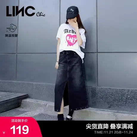 LINC金羽杰裙子腰部不对称铆钉开叉牛仔半裙女912326图片