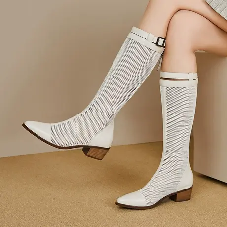 白色夏季长靴女透气镂空网纱靴子夏天真皮中跟凉鞋网红高筒靴网靴商品大图
