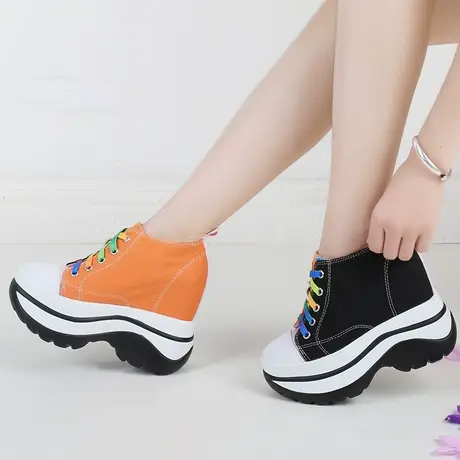 内增高老爹鞋女春款小个子拼色高帮休闲运动鞋旅游厚底松糕帆布鞋图片