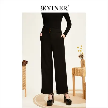 YINER音儿女装冬季羊毛黑色长裤高腰直腿直筒休闲裤商品大图