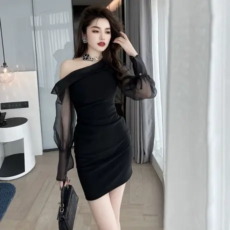 法式复古斜肩设计感网纱褶皱包臀短裙新款气质收腰小众长袖连衣裙图片