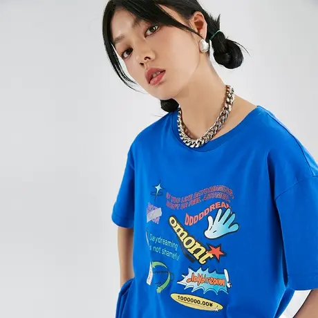 omont蛋挞家 复古宽松纯棉印花设计感t恤潮女短袖针织上衣夏季商品大图