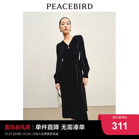 太平鸟 2024春季新款气质百搭长款连衣裙女士V领丝绒收腰长裙图片