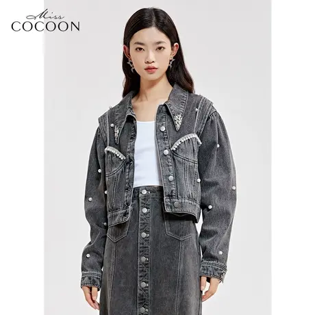 MISSCOCOON小香风外套女2023新款春季时尚炸街宽松钉珠牛仔短外套商品大图