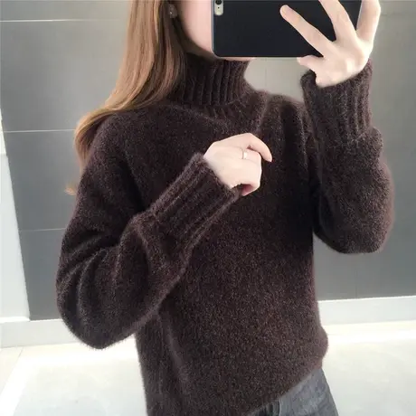 高领毛衣女春装慵懒风2023爆款水貂绒加厚套头打底针织衫宽松加绒商品大图