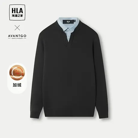 HLA/海澜之家轻商务加厚双领针织衫24秋冬新保暖假两件黑色毛衣男商品大图