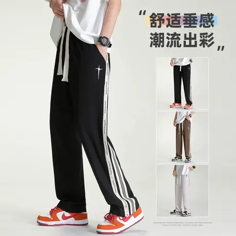 裤子夏季男款薄款冰丝速干运动裤美式条纹宽松直筒青少年休闲长裤商品大图