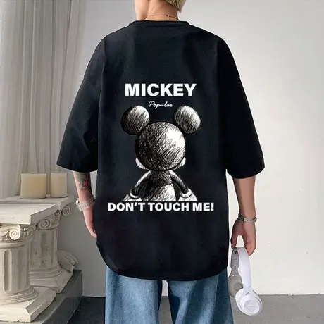 港风米老鼠米奇短袖t恤男ins潮流印花半袖白色体恤夏季宽松上衣服商品大图