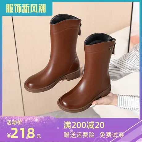 靴子女显瘦韩版真皮大码女靴41一43冬季加绒平底中筒靴女2023新款商品大图