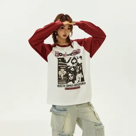 YEP美式复古长袖t恤女春秋2024新款拼接潮牌印花宽松oversize上衣图片