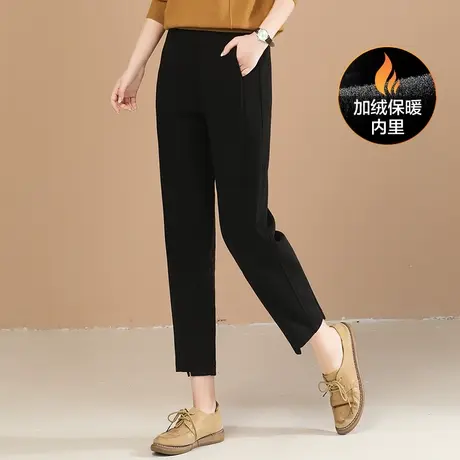 韩朝袭人松紧高腰黑色加绒休闲裤女2023冬装新款宽松显瘦哈伦裤女图片