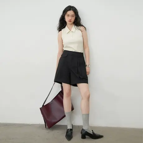 omont蛋挞 直筒高腰短裤夏女宽松显瘦中裤夏季薄款裤子黑色五分裤商品大图