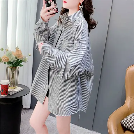 复古条纹长袖衬衫女春季2023年新款宽松设计感休闲百搭上衣外套潮图片