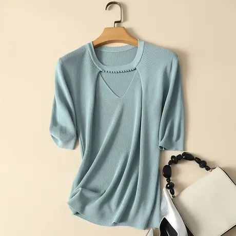 冰丝针织衫短袖t恤女2024春夏新款圆领短款显瘦薄款打底衫女上衣商品大图