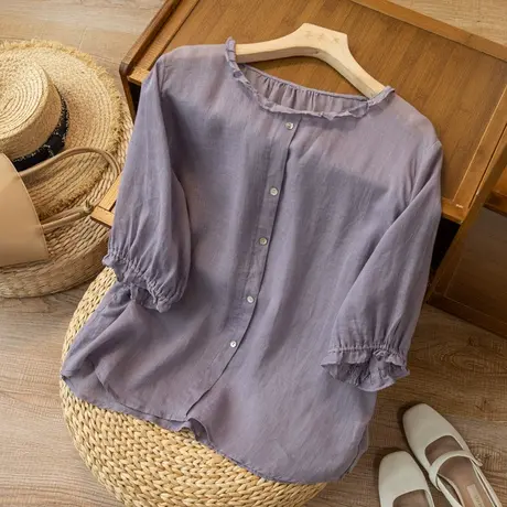 短袖苎麻上衣宽松文艺复古休闲棉麻小衫别致设计夏天薄款2022新款图片