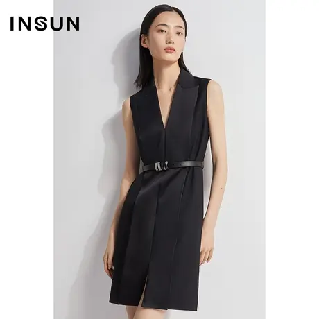 INSUN恩裳秋季缎面光泽收腰羊毛连衣裙图片