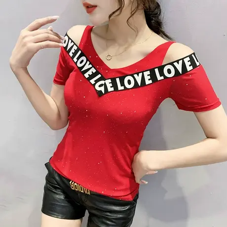 性感露肩T恤女短袖2023夏装新款修身网纱上衣洋气心机小衫半袖潮商品大图