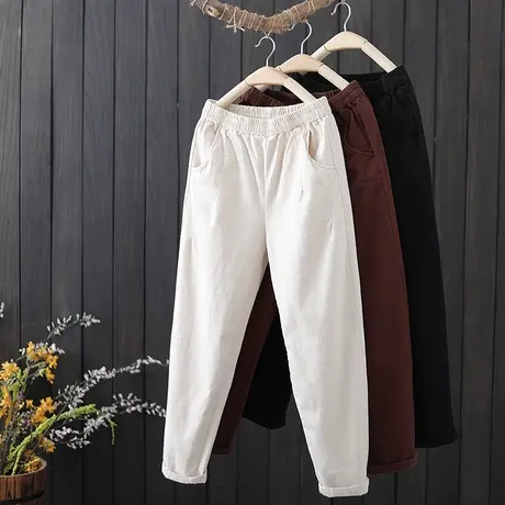 复古文艺纯色休闲裤女士春装新品宽松显瘦松紧腰哈伦裤小脚长裤子图片