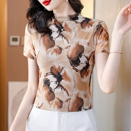 2024夏季新款时尚网纱短袖T恤女别致立领上衣修身显瘦印花小衫ins商品大图