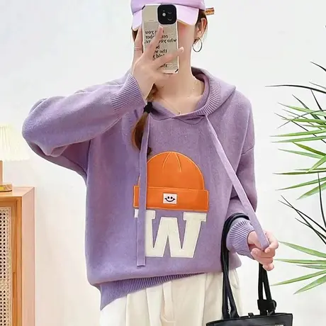 慵懒风连帽套头毛衣女2023冬季新款宽松休闲外穿加厚短款上衣百搭商品大图