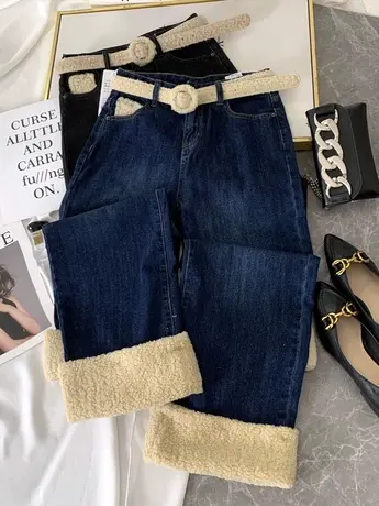 2023秋冬加厚绒牛仔直筒裤高腰显瘦百搭羊羔毛宽松卷边烟管九分裤商品大图