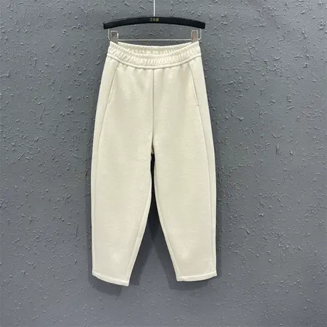 2023秋季新款米白色松紧腰运动休闲裤女士宽松显瘦时尚小脚哈伦裤图片