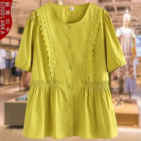 中年胖妈妈夏装短袖纯棉衬衫遮肚肉洋气加肥加大码女蕾丝拼接上衣商品大图