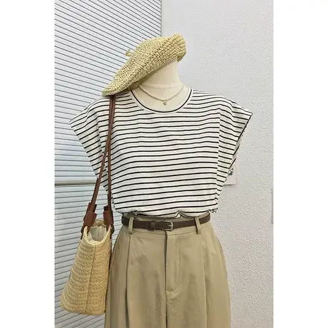 夏装2023新款韩版休闲条纹飞袖T恤通勤气质百搭圆领无袖上衣女ins图片