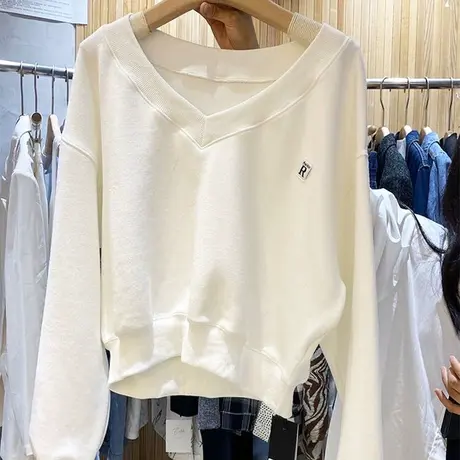 卫衣女春秋薄款2021新款韩版ins潮学生慵懒风宽松V领短款套头上衣商品大图